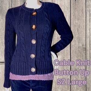 NWOT Y2K Navy Blue Cable Knit Oversized Button-Up Sweater -Large